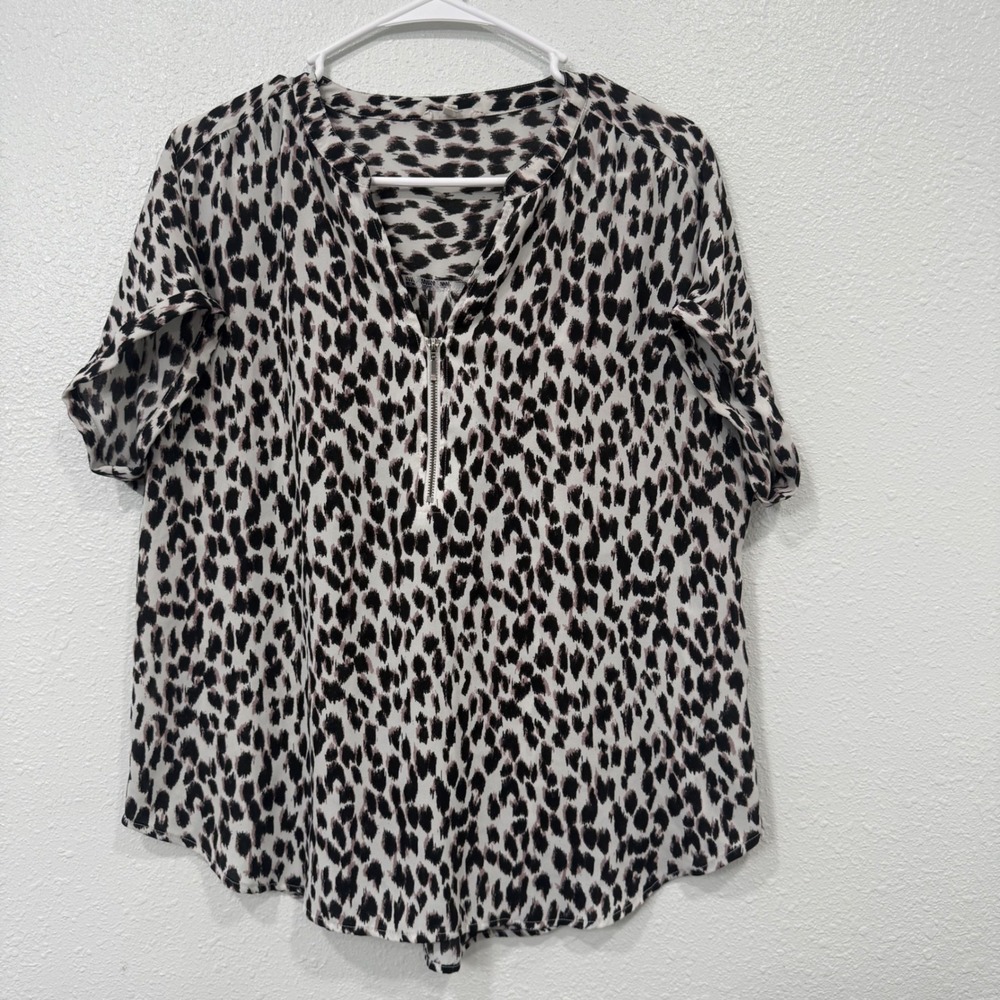 Maurices Women Leopard Print Half Zip Short Sleeve Blouse Top Neutral Medium